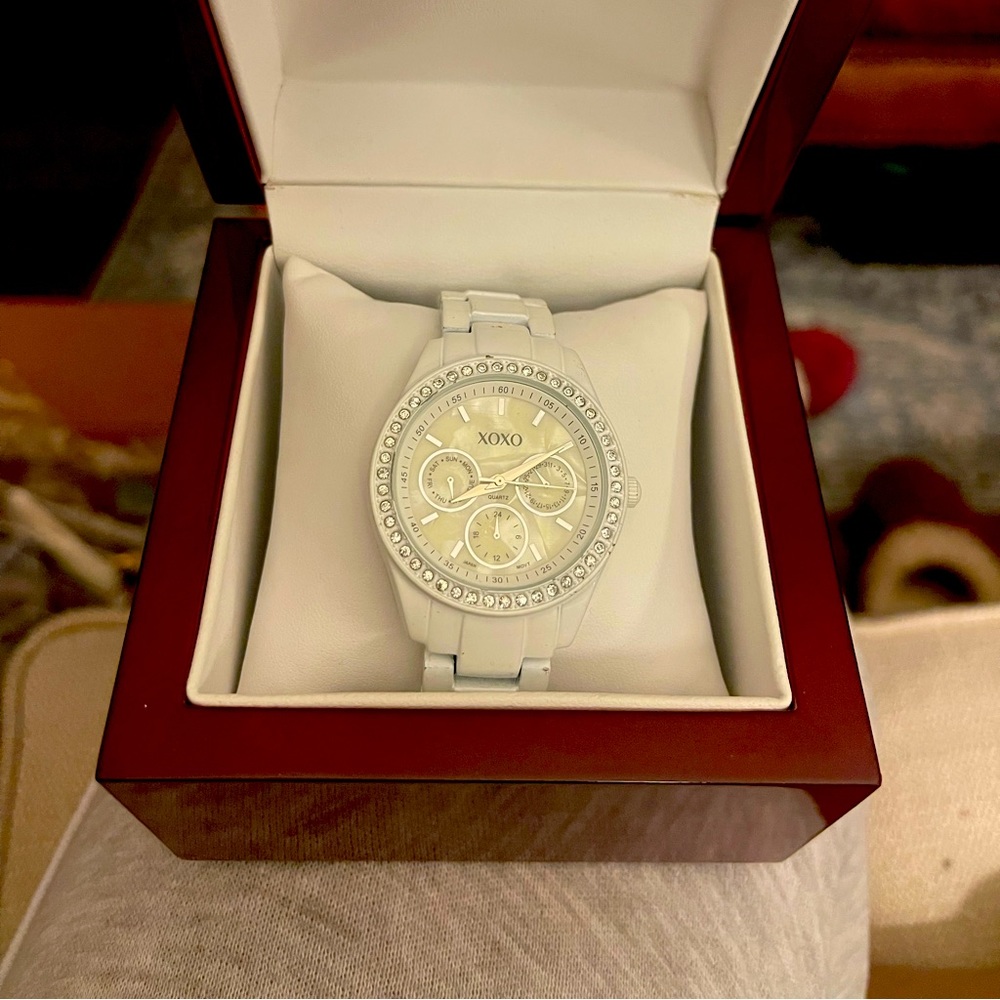 XOXO Women's White Enamel Watch with Studded Rhinestone Accents: XO114